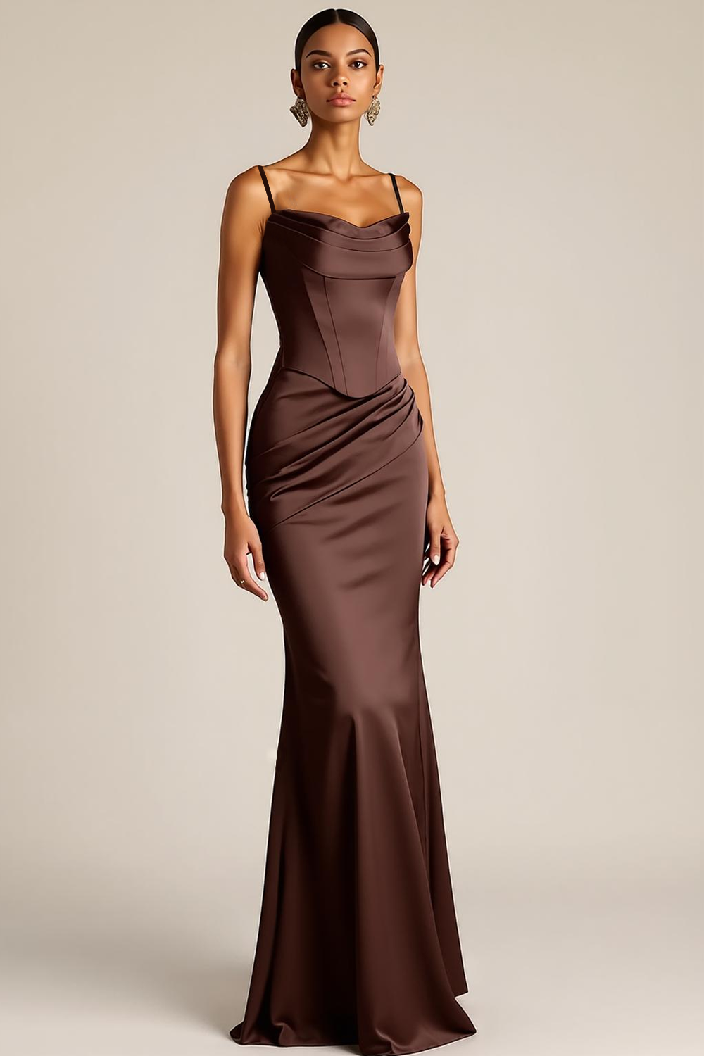 Brown Mermaid Satin Corset Ruched Maxi Formal Dress