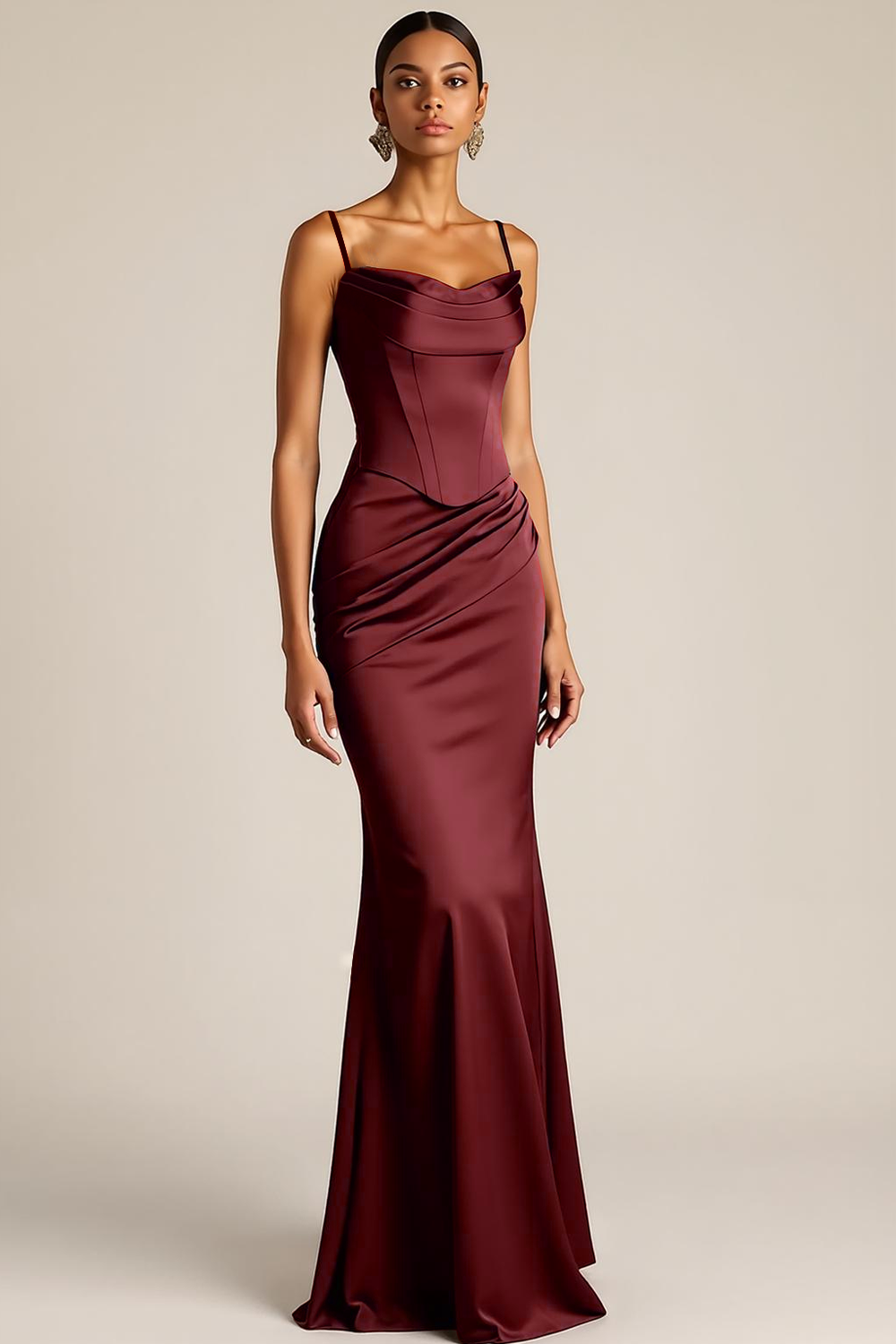 Brown Mermaid Satin Corset Ruched Maxi Formal Dress