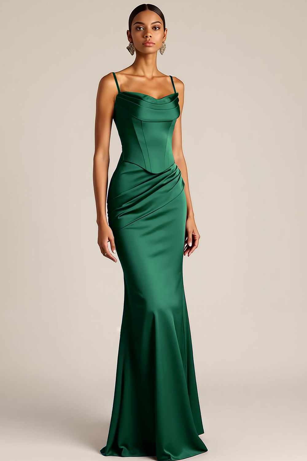 Brown Mermaid Satin Corset Ruched Maxi Formal Dress