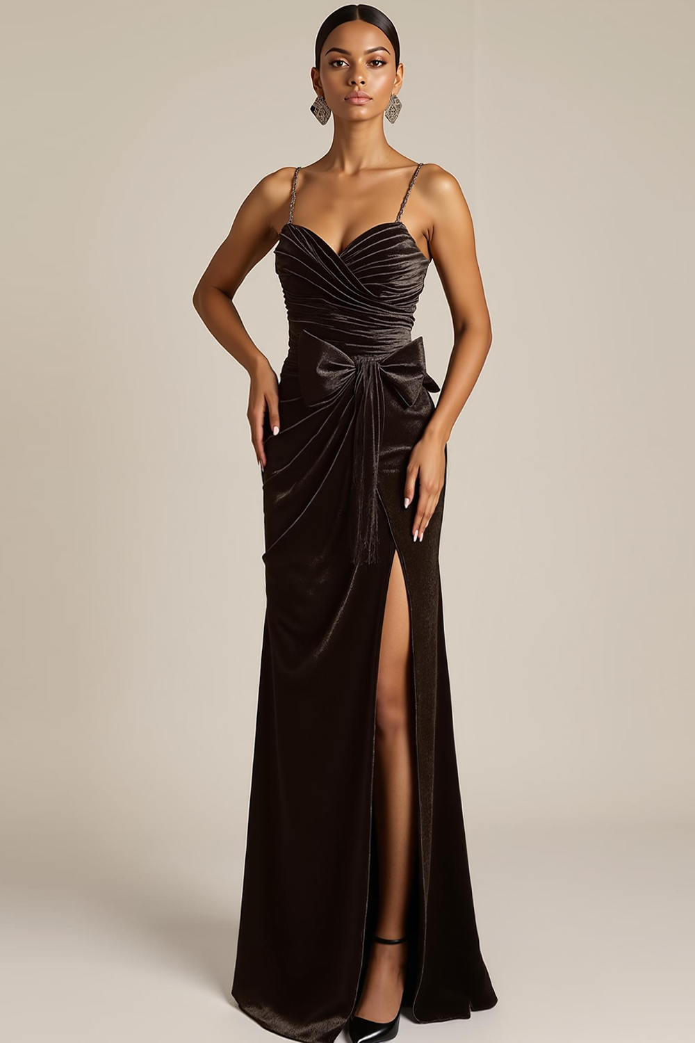 Chocolate Velvet Drape Spaghetti Straps Maxi Formal Dress with Bow