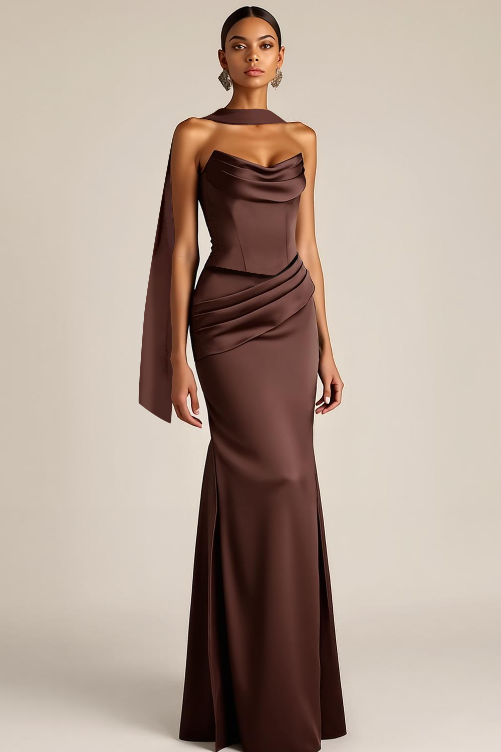 Brown Satin Mermaid Drape Strapless Maxi Evening Dress