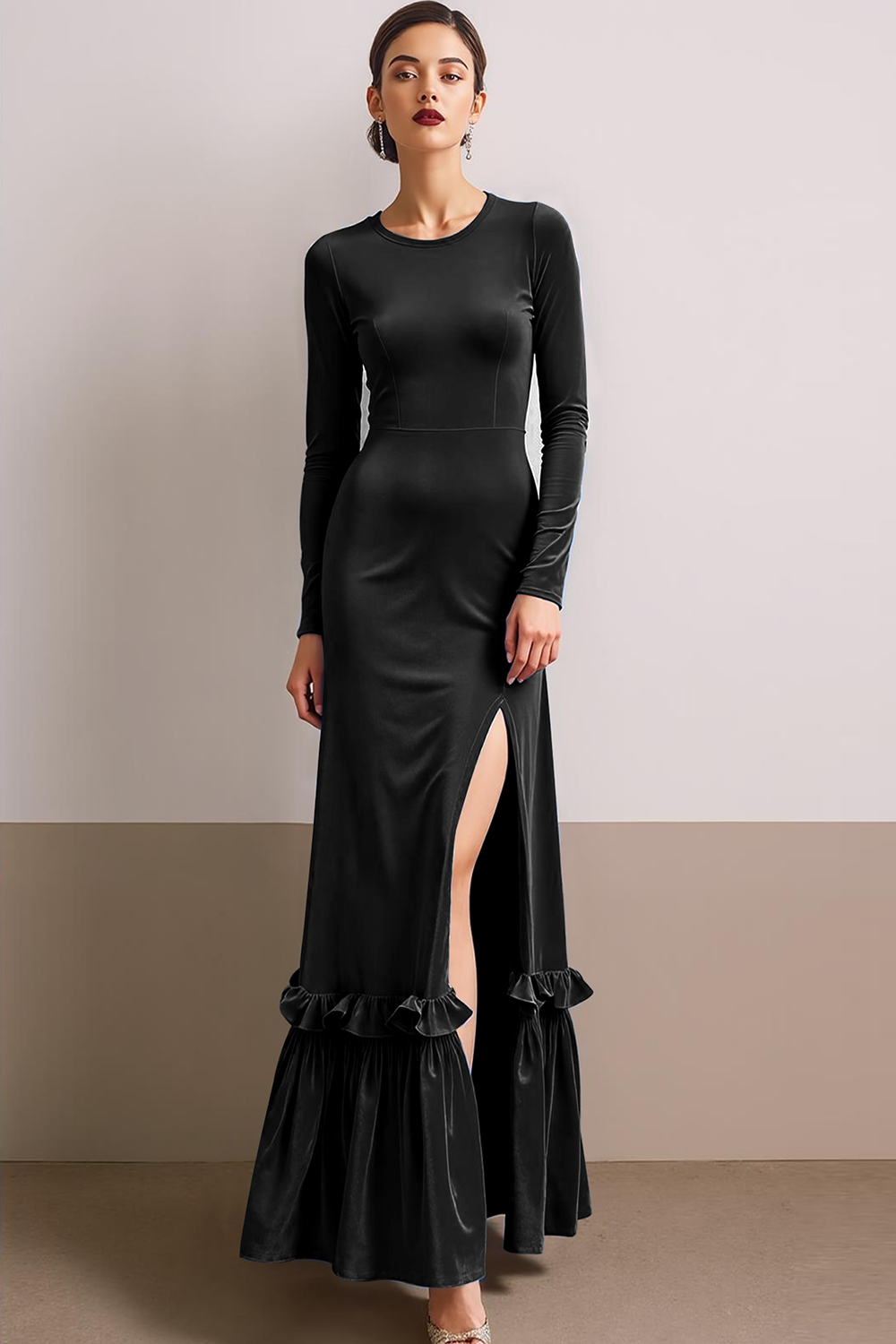 Royal Blue Round Neck Velvet Sheath Long Formal Dress with Slit