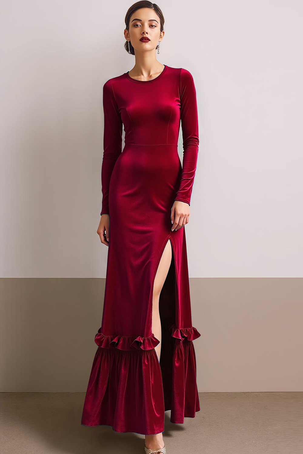 Royal Blue Round Neck Velvet Sheath Long Formal Dress with Slit