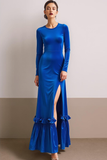 Royal Blue Round Neck Velvet Sheath Long Formal Dress with Slit