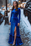 Royal Blue Round Neck Velvet Sheath Long Formal Dress with Slit
