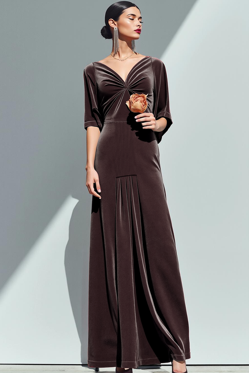 Chocolate Velvet A Line Maxi Formal Dress with Sleeves