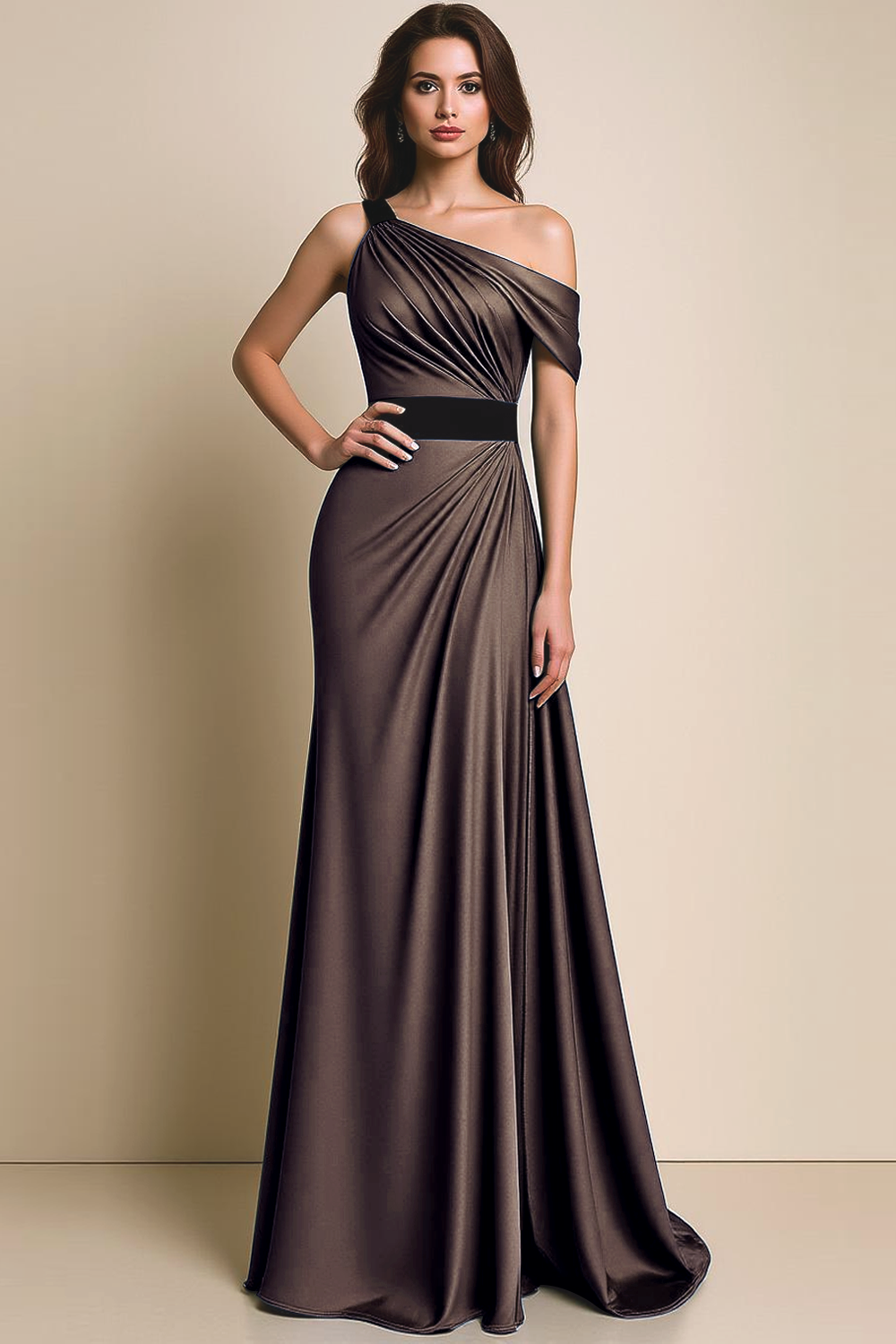 Brown A Line Satin Ruched Asymmetrical Neck Maxi Formal Dress