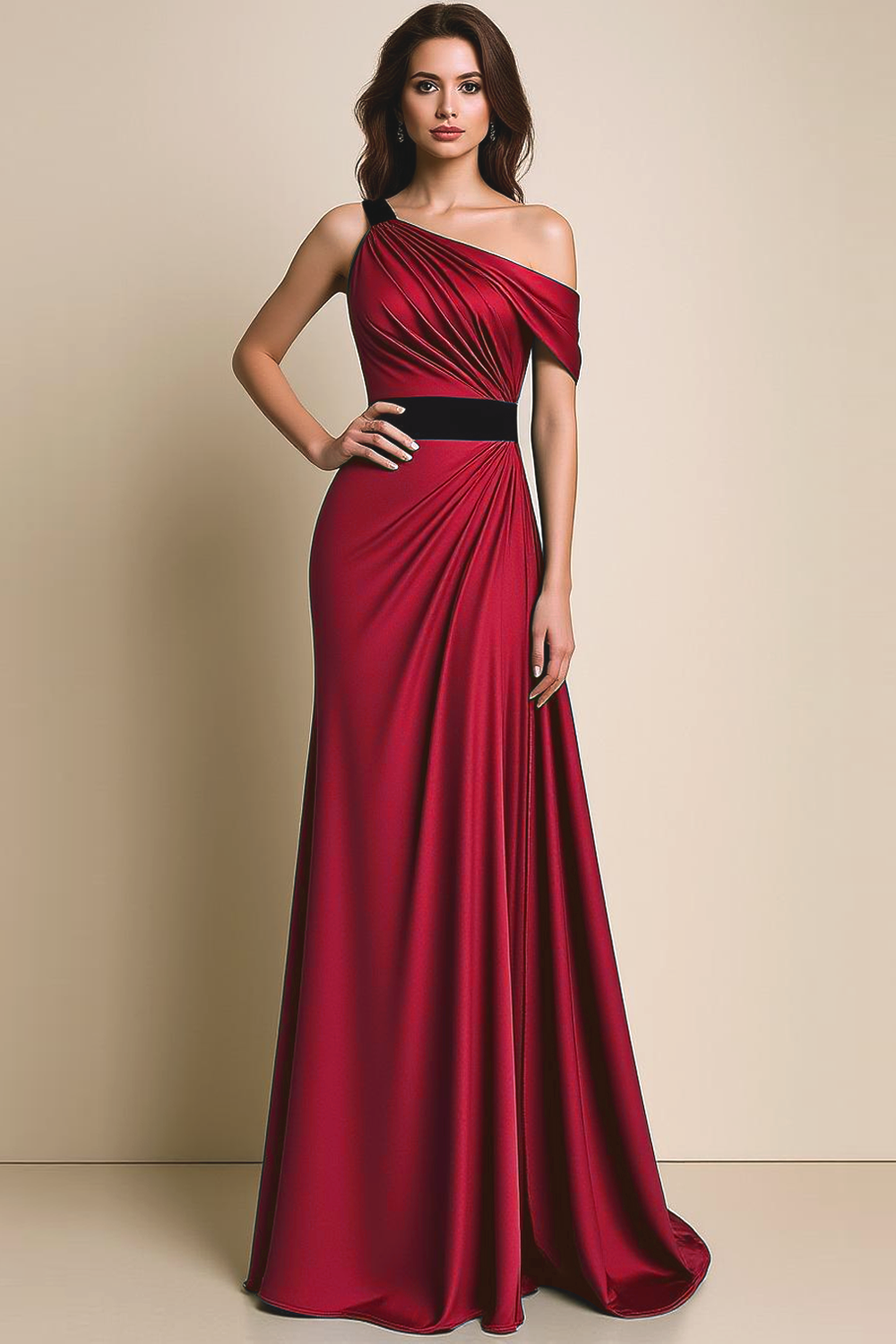 Brown A Line Satin Ruched Asymmetrical Neck Maxi Formal Dress
