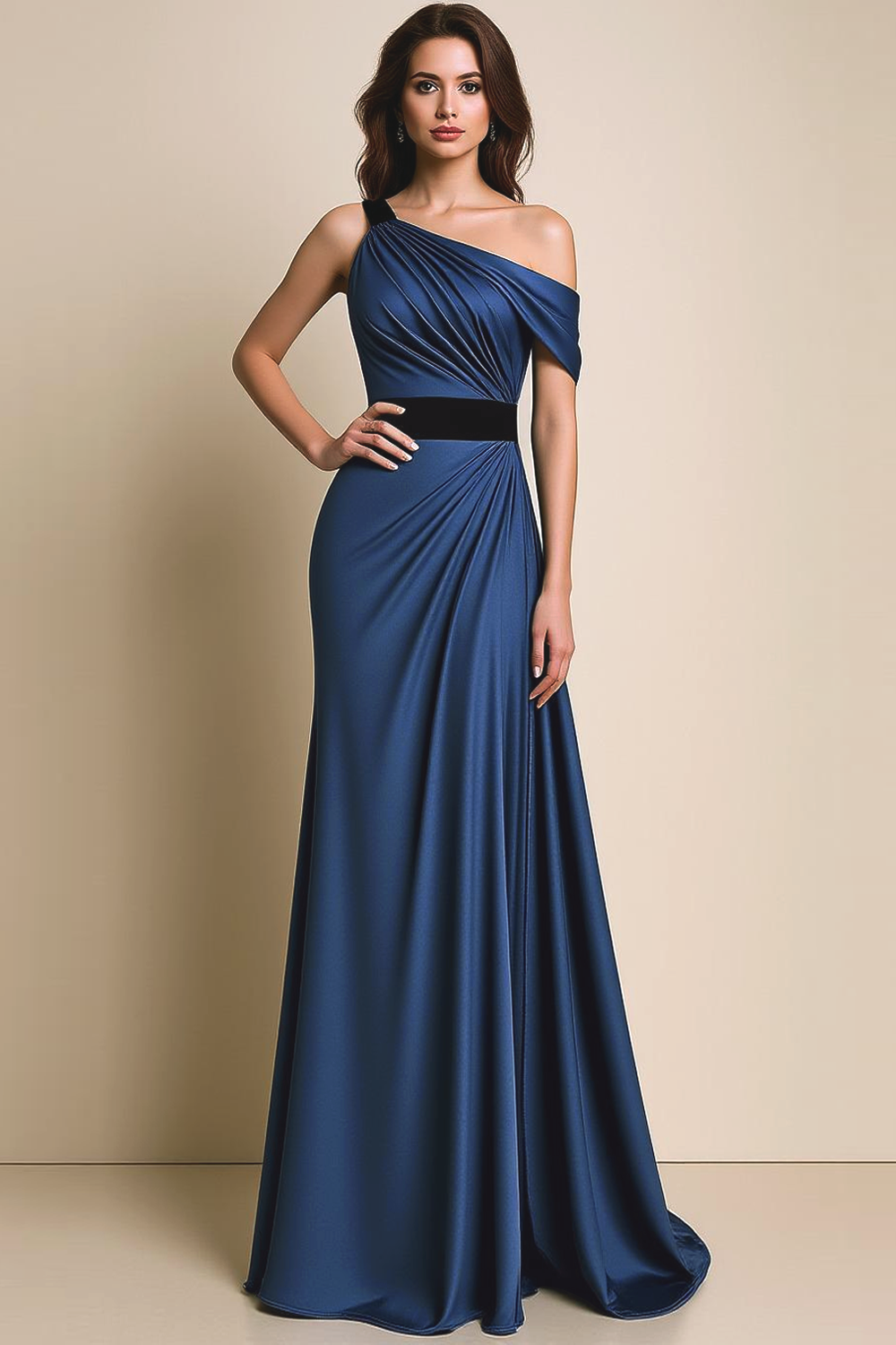 Brown A Line Satin Ruched Asymmetrical Neck Maxi Formal Dress