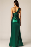 Metallic Emerald Green One Shoulder Mermaid Long Formal Dress with Slit