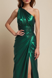 Metallic Emerald Green One Shoulder Mermaid Long Formal Dress with Slit