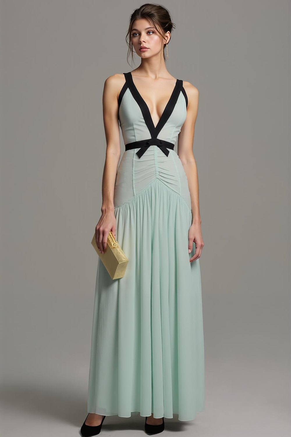 Dusty Sage V Neck A Line Chiffon Long Formal Dress
