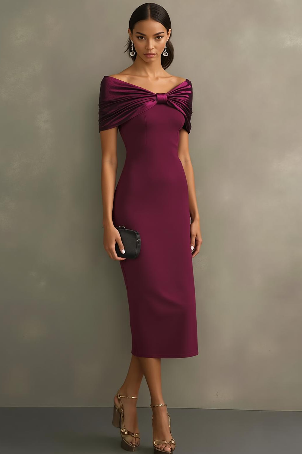 Burgundy Off the Shoulder Sheath Midi Formal Dress