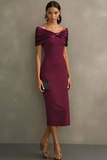 Burgundy Off the Shoulder Sheath Midi Formal Dress