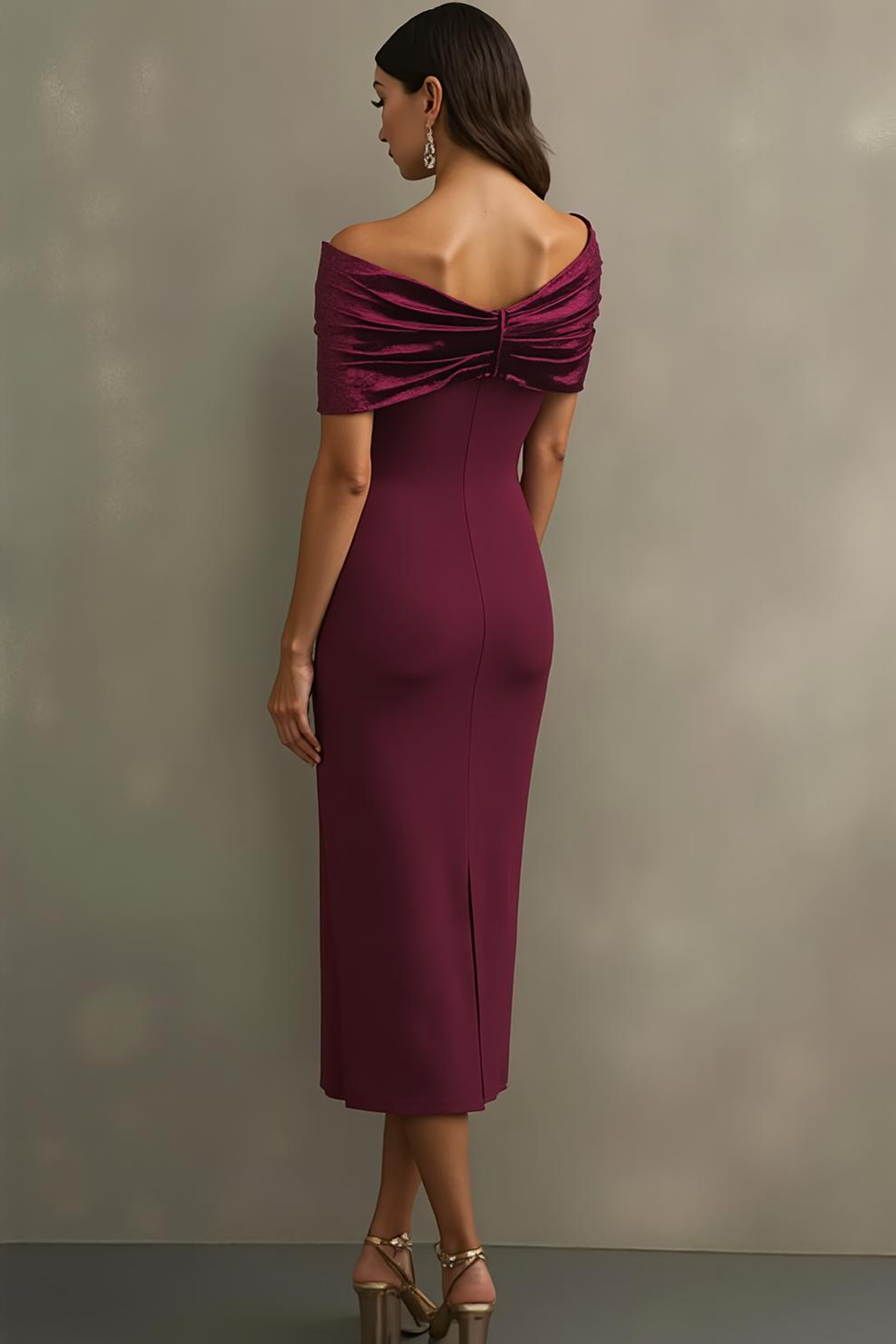 Burgundy Off the Shoulder Sheath Midi Formal Dress