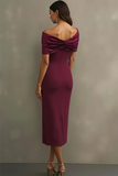 Burgundy Off the Shoulder Sheath Midi Formal Dress
