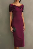 Burgundy Off the Shoulder Sheath Midi Formal Dress