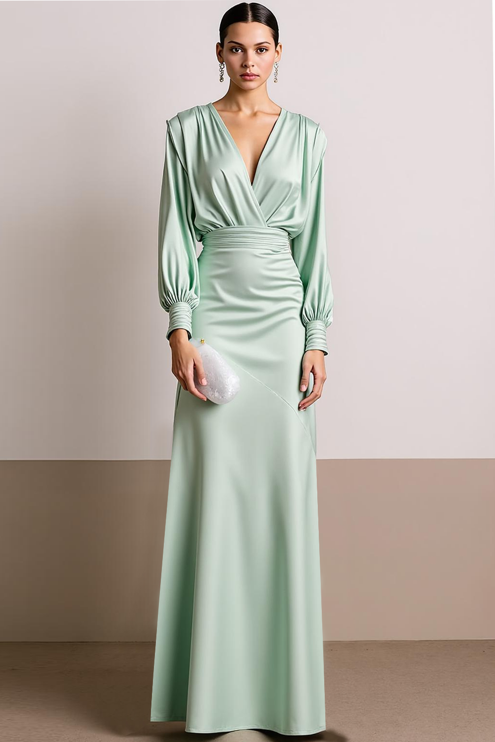 Dusty Sage V Neck Satin Long Formal Dress with Sleeves