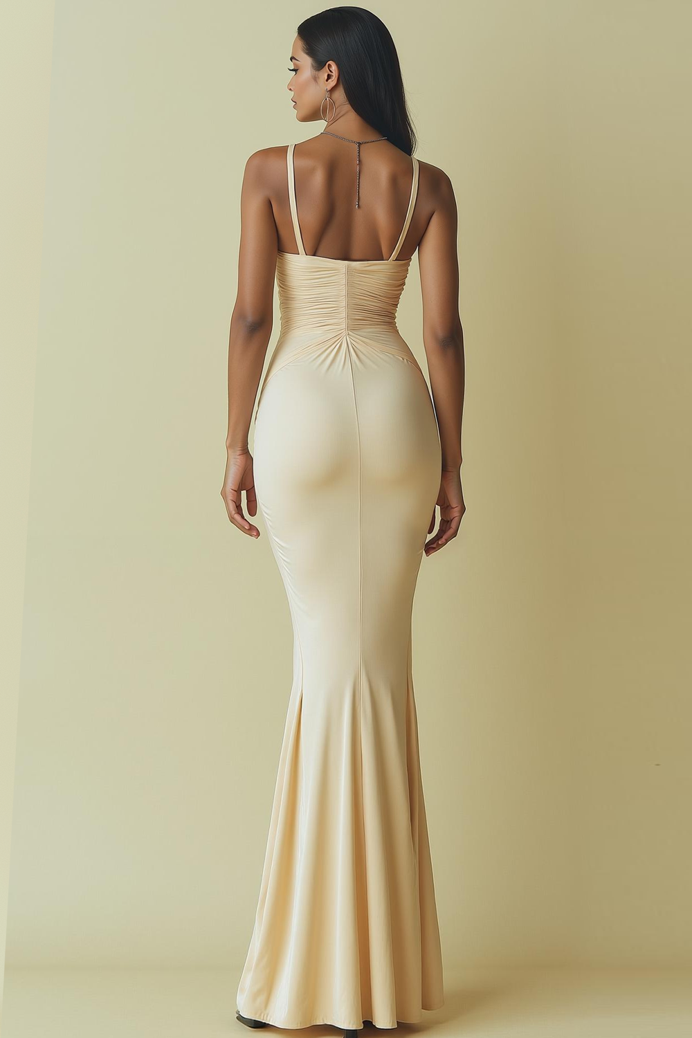 Ivory Mermaid Ruched Long Appliqued Formal Dress