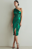 Emerald Green Metallic Drape Bodycon Midi Formal Dress with Slit