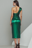 Emerald Green Metallic Drape Bodycon Midi Formal Dress with Slit
