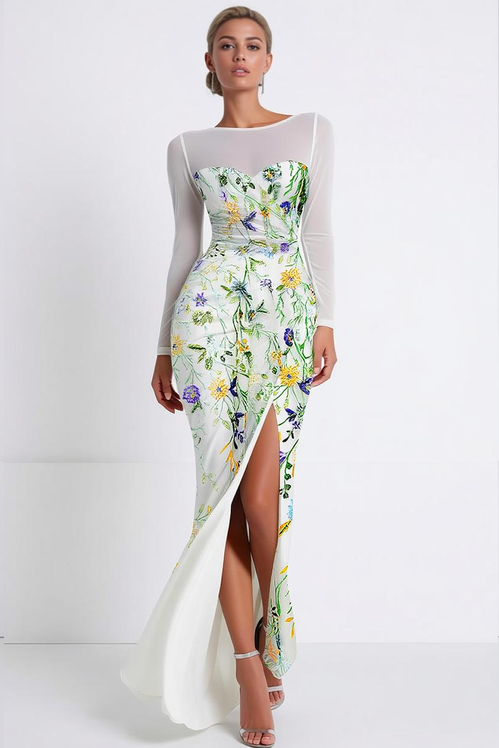 Green Floral Boat Neck Chiffon Maxi Evening Dress with Slit