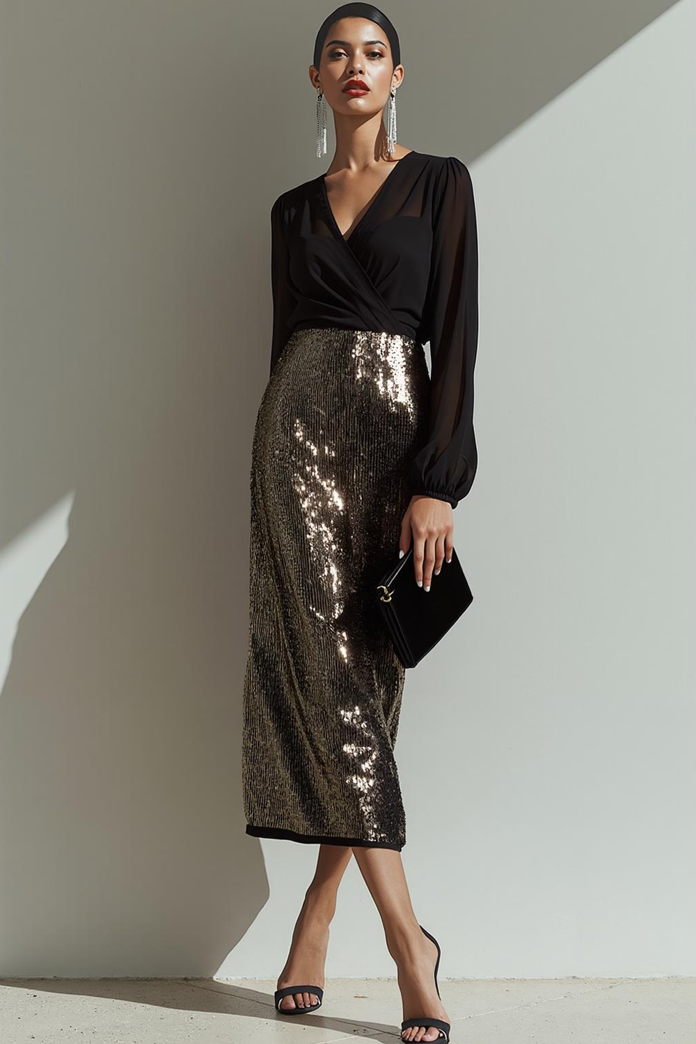 Sparkly Sequin Black V-Neck Sheath Maxi Evening Dress