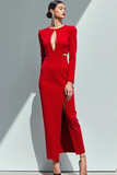 Red Sheath Keyhole Round Neck Maxi Formal Dress with Slit
