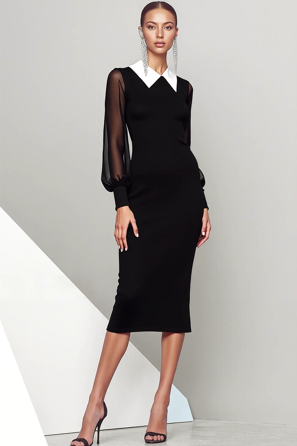 Black Chiffon Neck Collar Sheath Midi Evening Dress with Sleeves