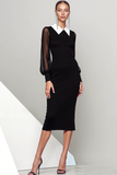 Black Chiffon Neck Collar Sheath Midi Evening Dress with Sleeves