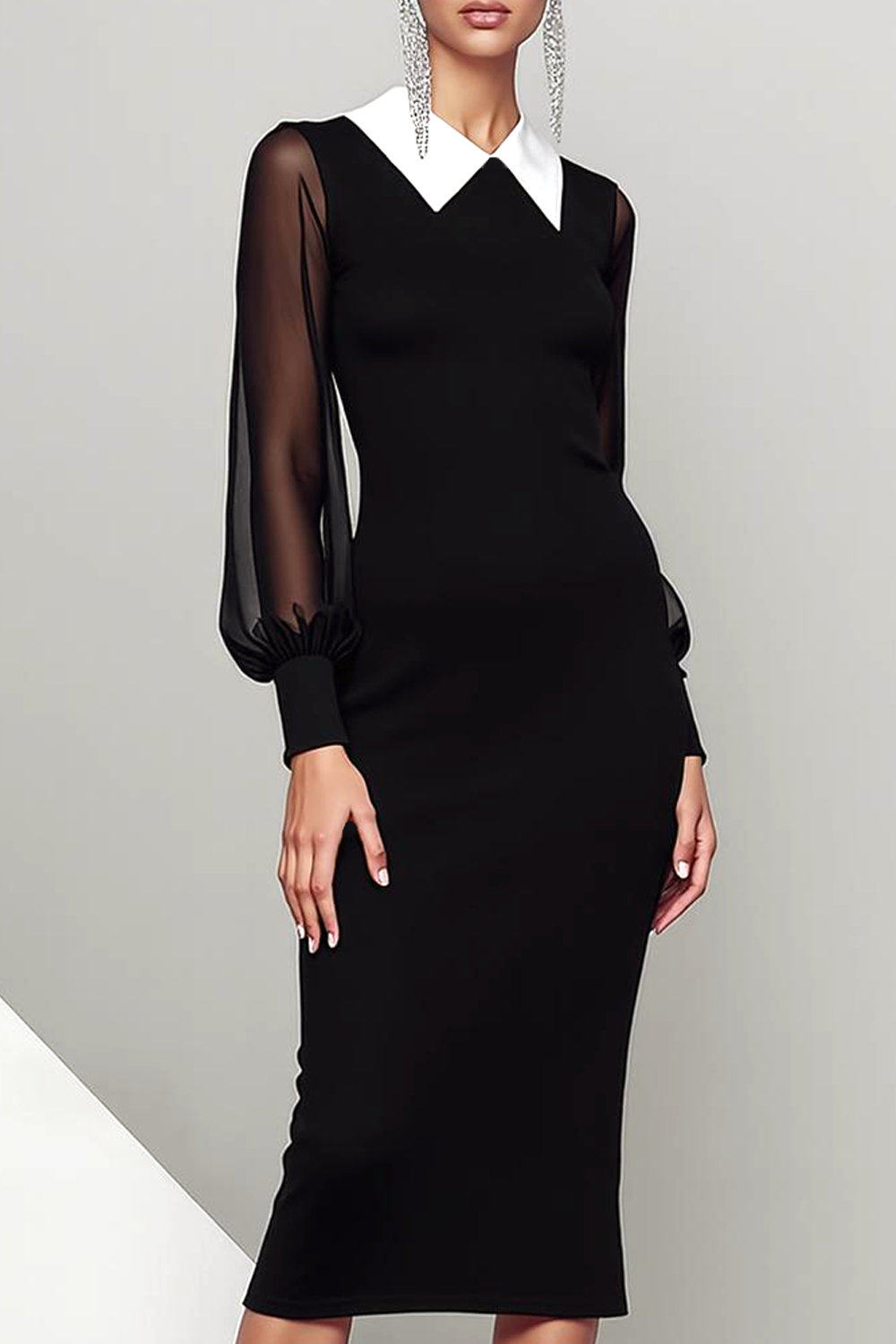 Black Chiffon Neck Collar Sheath Midi Evening Dress with Sleeves