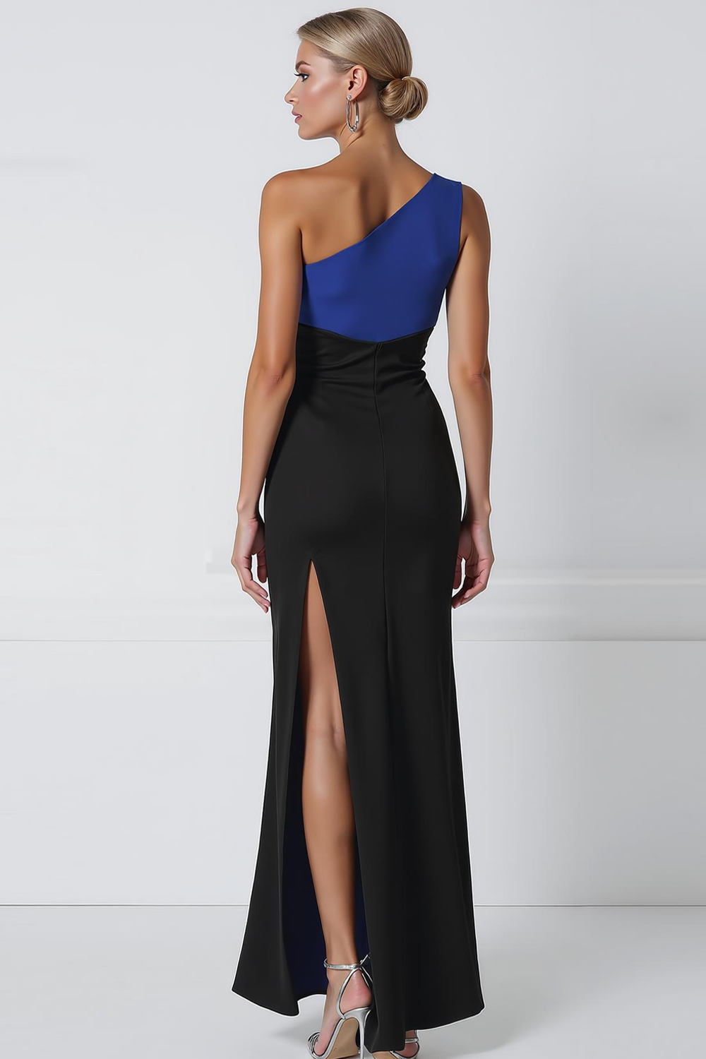 Blue Black Mermaid One Shoulder Long Formal Dress with Bow