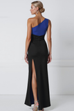 Blue Black Mermaid One Shoulder Long Formal Dress with Bow