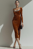 Purple Sheath Ruched Velvet Midi Evening Dress with Sleeves