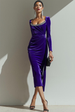 Purple Sheath Ruched Velvet Midi Evening Dress with Sleeves