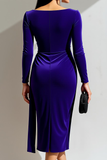 Purple Sheath Ruched Velvet Midi Evening Dress with Sleeves
