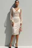 Ivory Satin V-Neck Ruched Midi Evening Dress with Sleeves