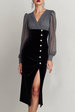 Grey Sheath Chiffon V-Neck Midi Evening Dress with Slit