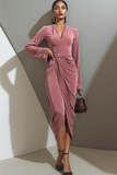 Vintage Rose Velvet Sheath Wrap Maxi Holiday Party Dress with Slit