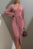 Vintage Rose Velvet Sheath Wrap Maxi Holiday Party Dress with Slit