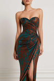 Dark Green Burnout Velvet Sweetheart Maxi Bridesmaid Dress with Slit