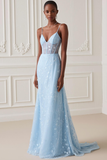 Light Blue Corset Floral Tulle Embroidered Maxi Prom Dress