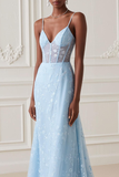 Light Blue Corset Floral Tulle Embroidered Maxi Prom Dress