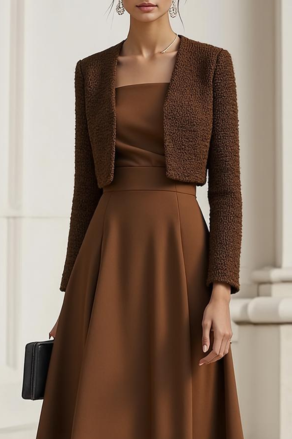 Brown 2 Piece A Line Strapless Maxi Work Dress