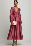 Red V Neck A Line High Waist Long Formal Dress with Sleeves