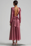 Red V Neck A Line High Waist Long Formal Dress with Sleeves