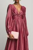 Red V Neck A Line High Waist Long Formal Dress with Sleeves