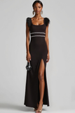 Black Sheath Square Neck Long Formal Dress with Feather
