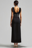 Black Sheath Square Neck Long Formal Dress with Feather