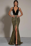 Sparkly Black Mermaid High Waist Long Formal Dress with Slit